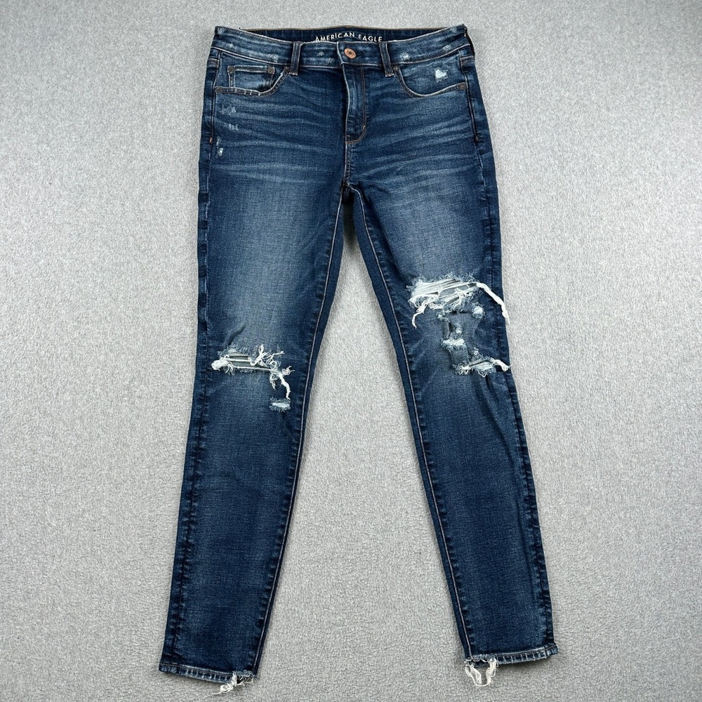 American Eagle Jeggings Womens 8 Super Stretch Jegging Blue Distressed Denim